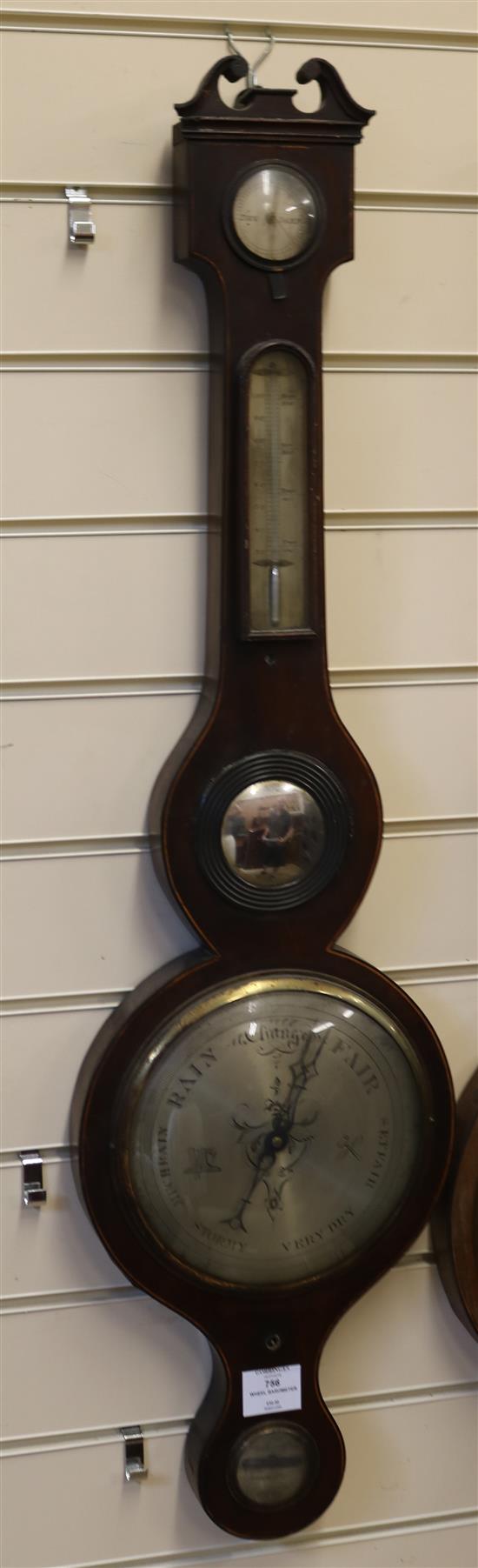 A Regency inlaid mahogany wheel barometer W.26cm